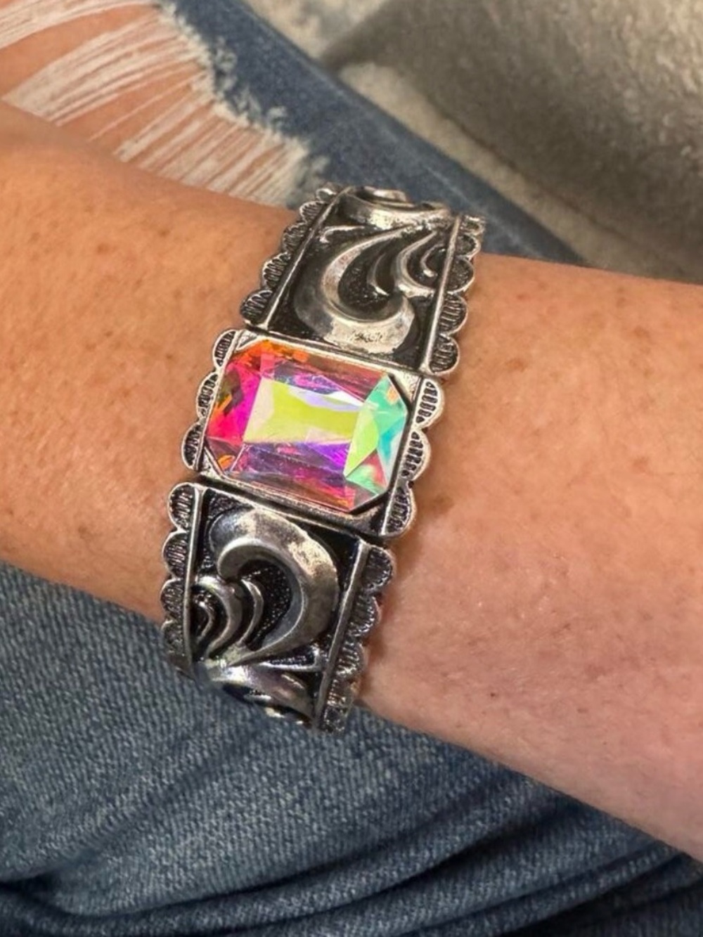 AB Crystal Stretch Bracelet Silver Tone Western Boho Statement, ATG